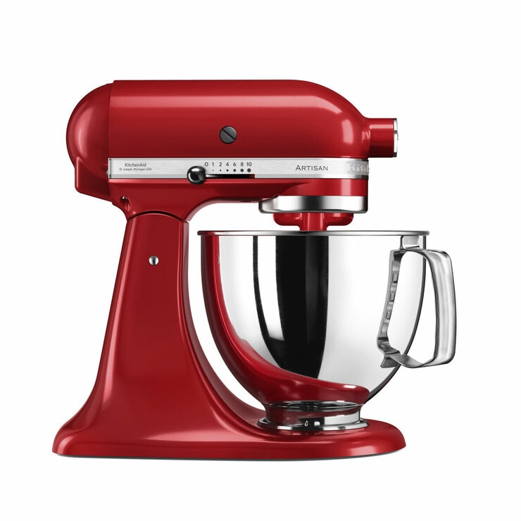 Side Profile of KitchenAid Mixer 4.8L Artisan Empire Red Stand Mixer with attachments