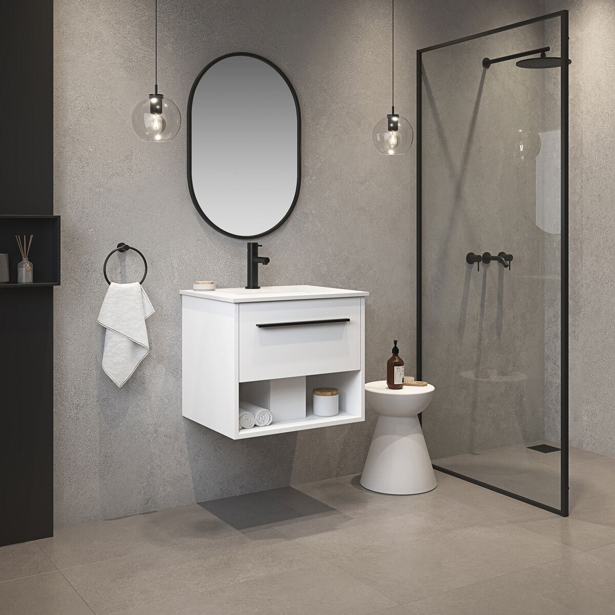 Angled lifestlye of OVE Camila 610mm in matte white