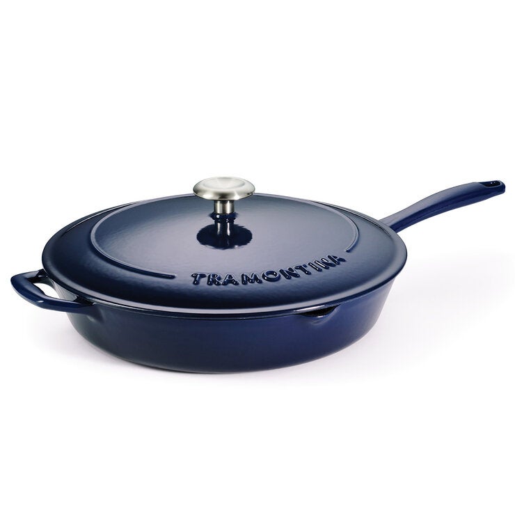 Tramontina Enamel Cast Iron Saute Pan with Lid, 30cm / 3.25L in Blue Tramontina Enamel Cast Iron Saute Pan with Lid, 30cm / 3.25L in Blue