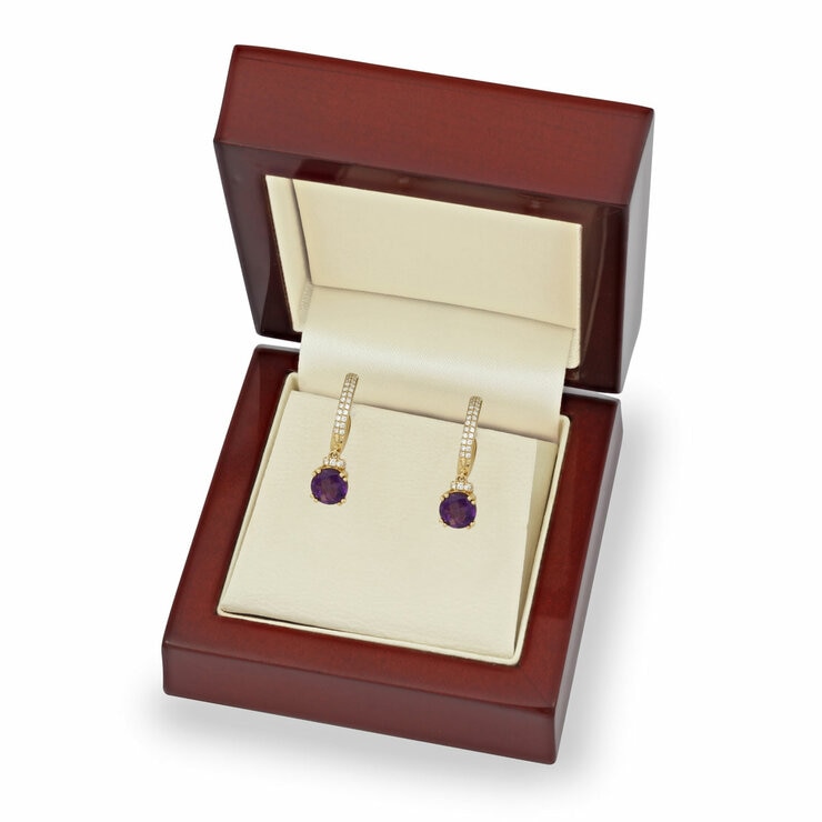 Round Cut Amethyst & 0.24ctw Diamond Earrings, 18ct Yellow Gold