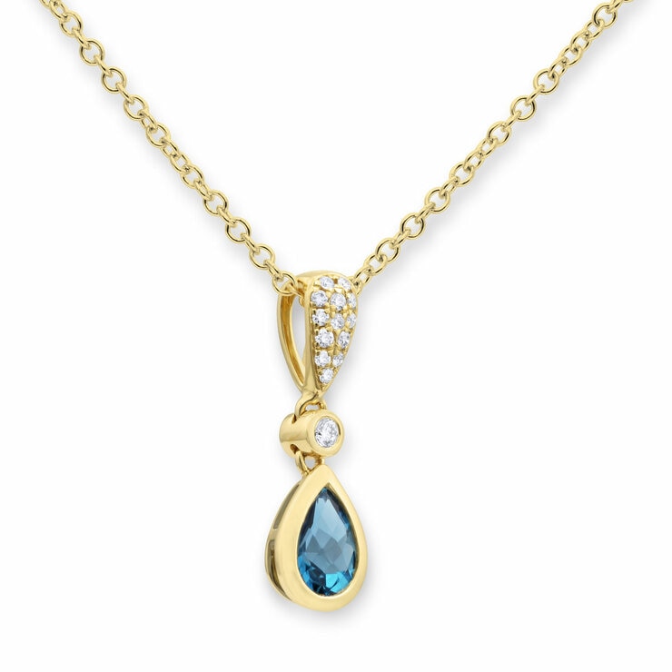 Pear Cut Blue Topaz & 0.07ctw Diamond Pendant, 18ct Yellow Gold