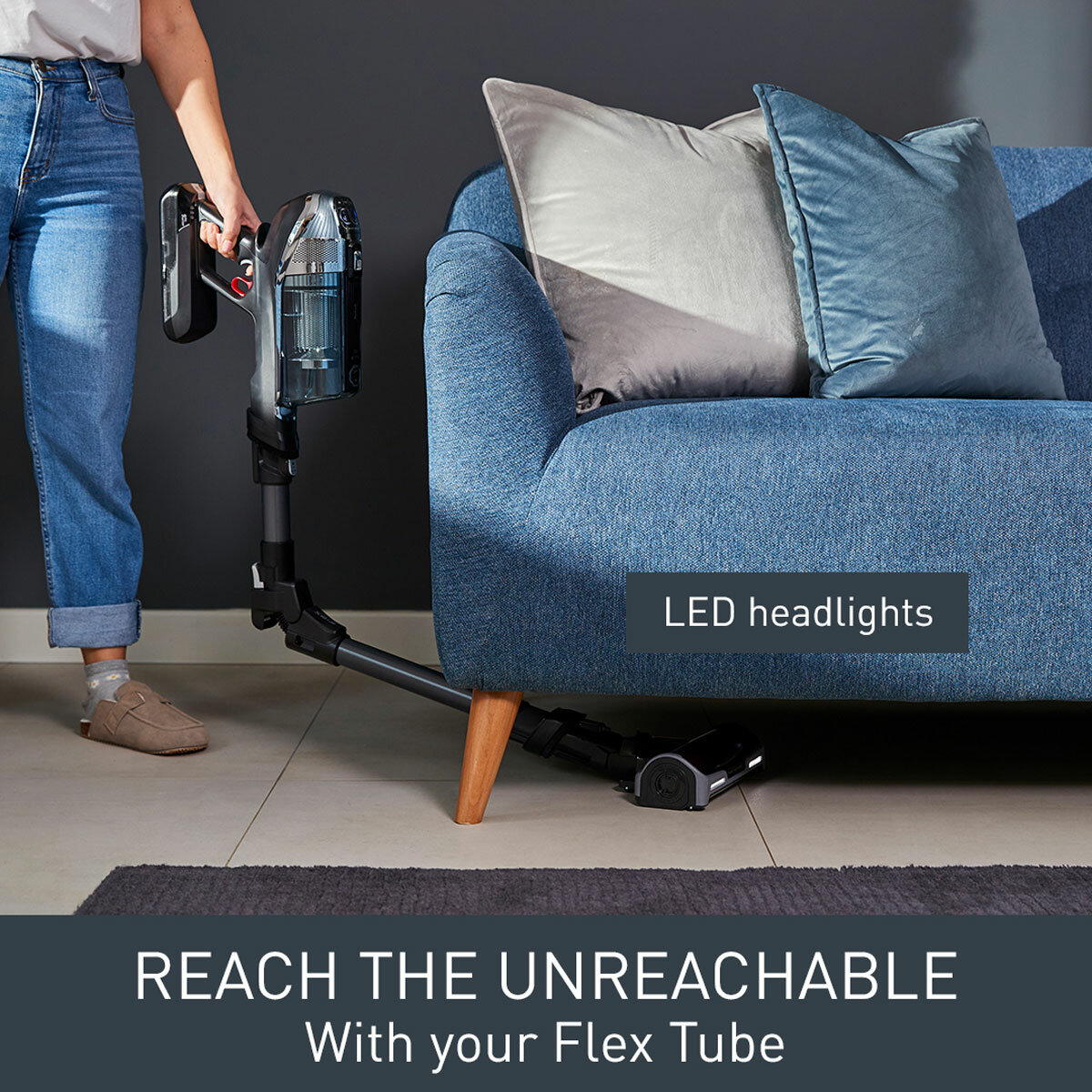 Lifestyle image of Tefal X-Force FlexCordless Stick Vacuum Cleaner with flext tube and LED headlights