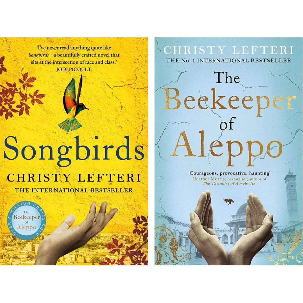 Front cover images of Christy Lefteri Songbirds and Beekeeper of Aleppo