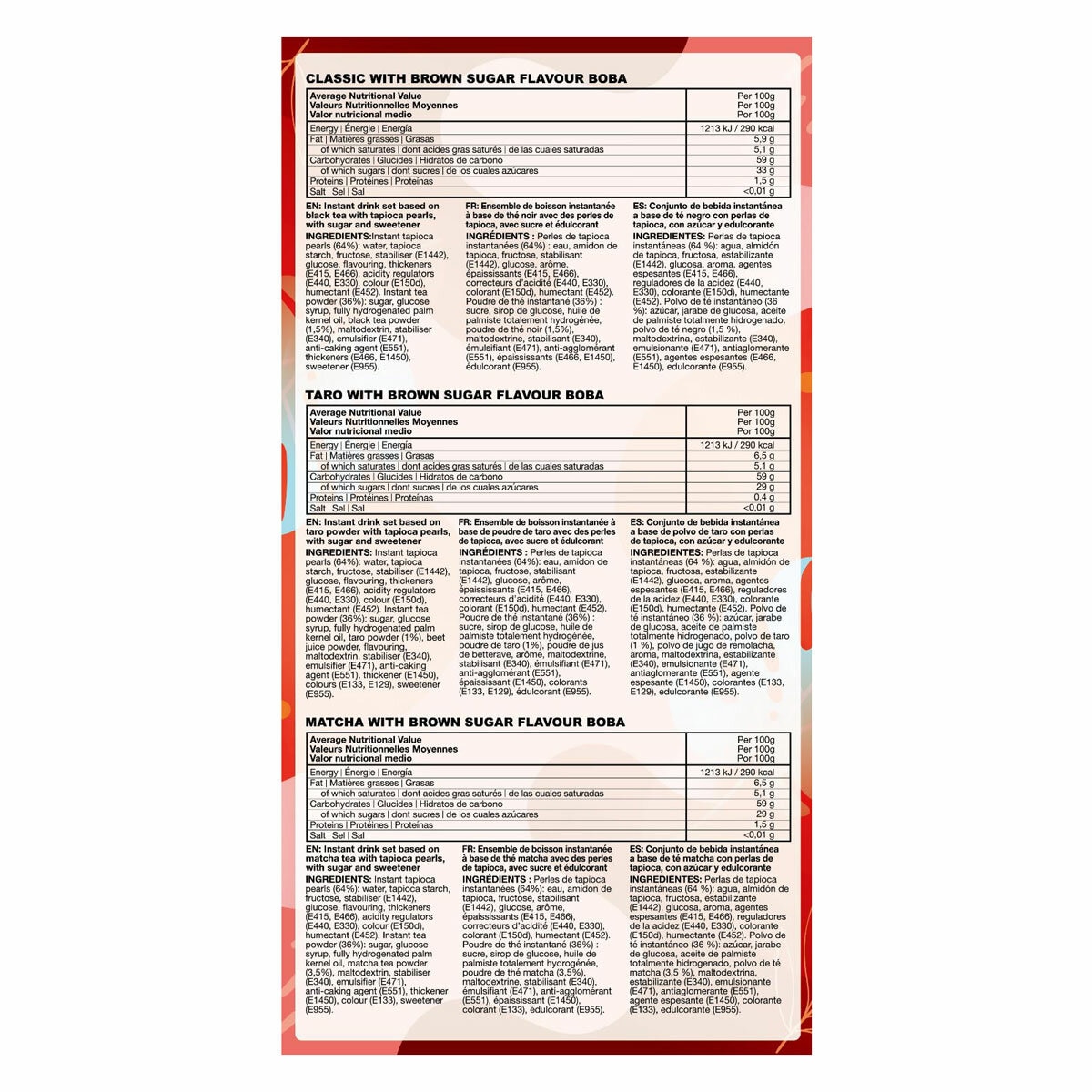 Classic, Taro, Matcha Flavours back of pack