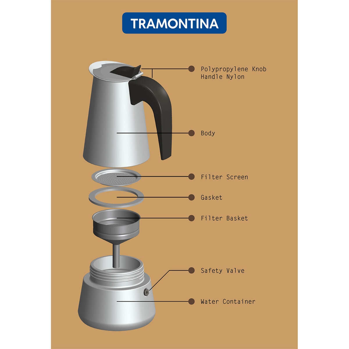 Tramontina Stainless Steel Moka Pot, 350ml