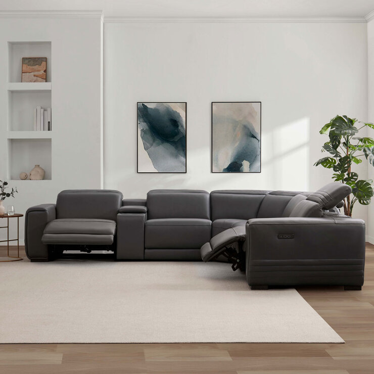 Aiden & Ivy Karson Dark Grey Leather Power Reclining Sectional Sofa