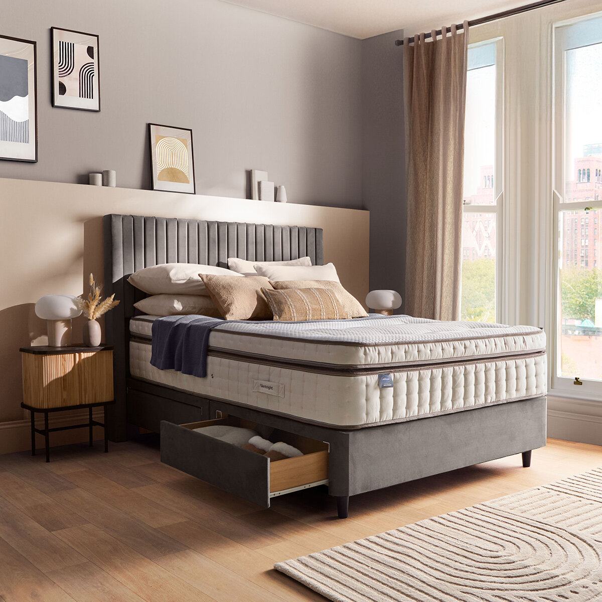 Silentnight Velvet 4 Drawer Divan Base with Slumber Headboard in Charcoal & 3 Sizes
