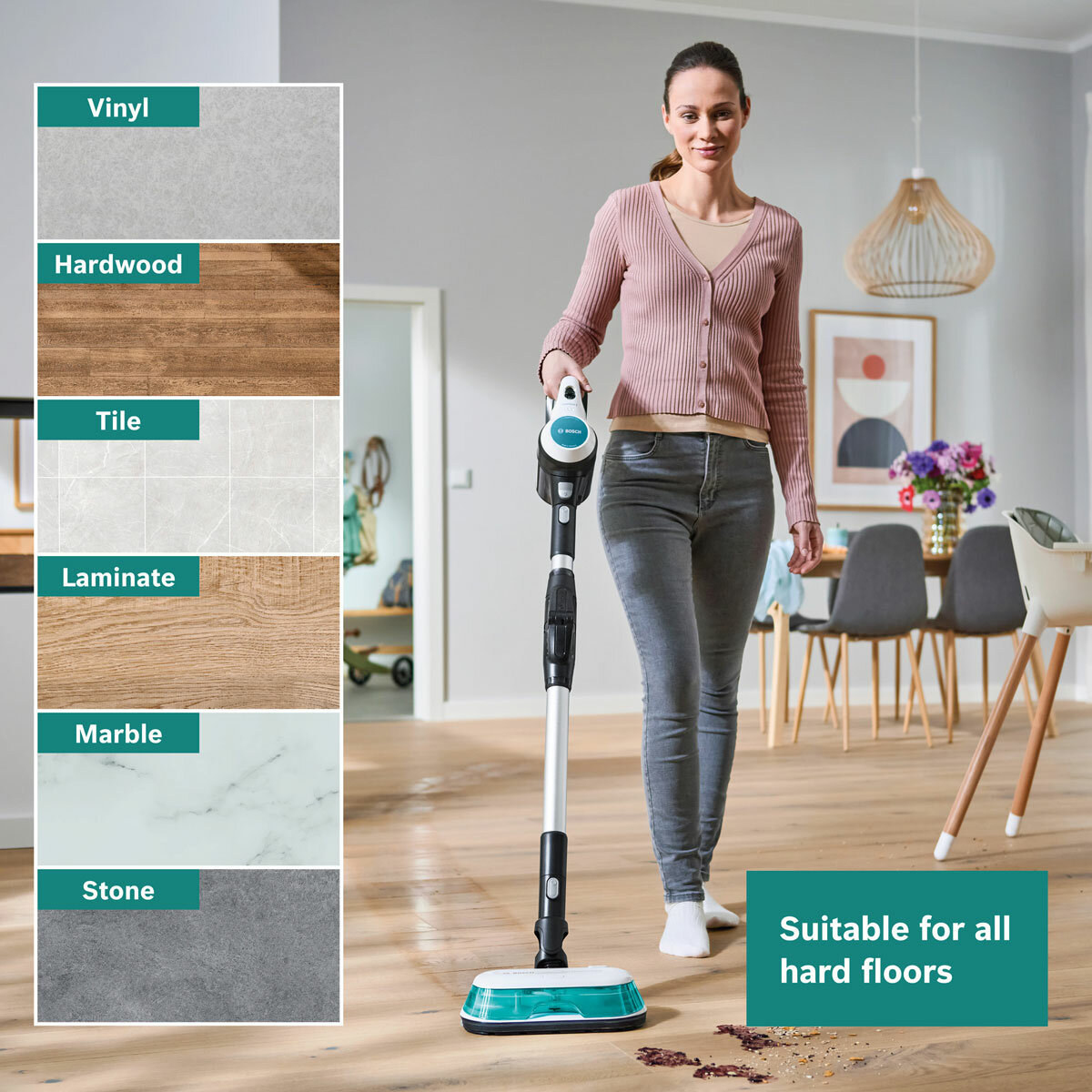 Lifestyle image of Bosch Unlimited 7 Aqua Cordless Stick suitable for all hard floors