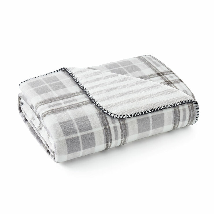 Grey floral throw, folded corner with a plain white background