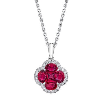 Oval & Princess Cut Ruby & 0.13ctw Diamond Clover Pendant, 14ct White Gold