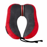 Red and dark grey travel pillow with striped accent and secure drawstring