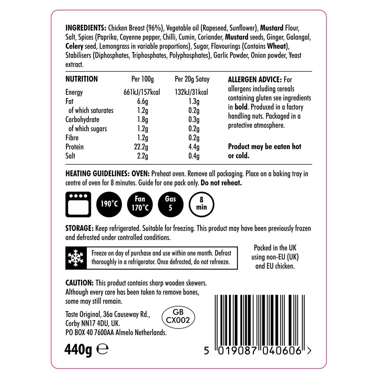 Back of Pack for Taste Original Chicken Satay 22 pack