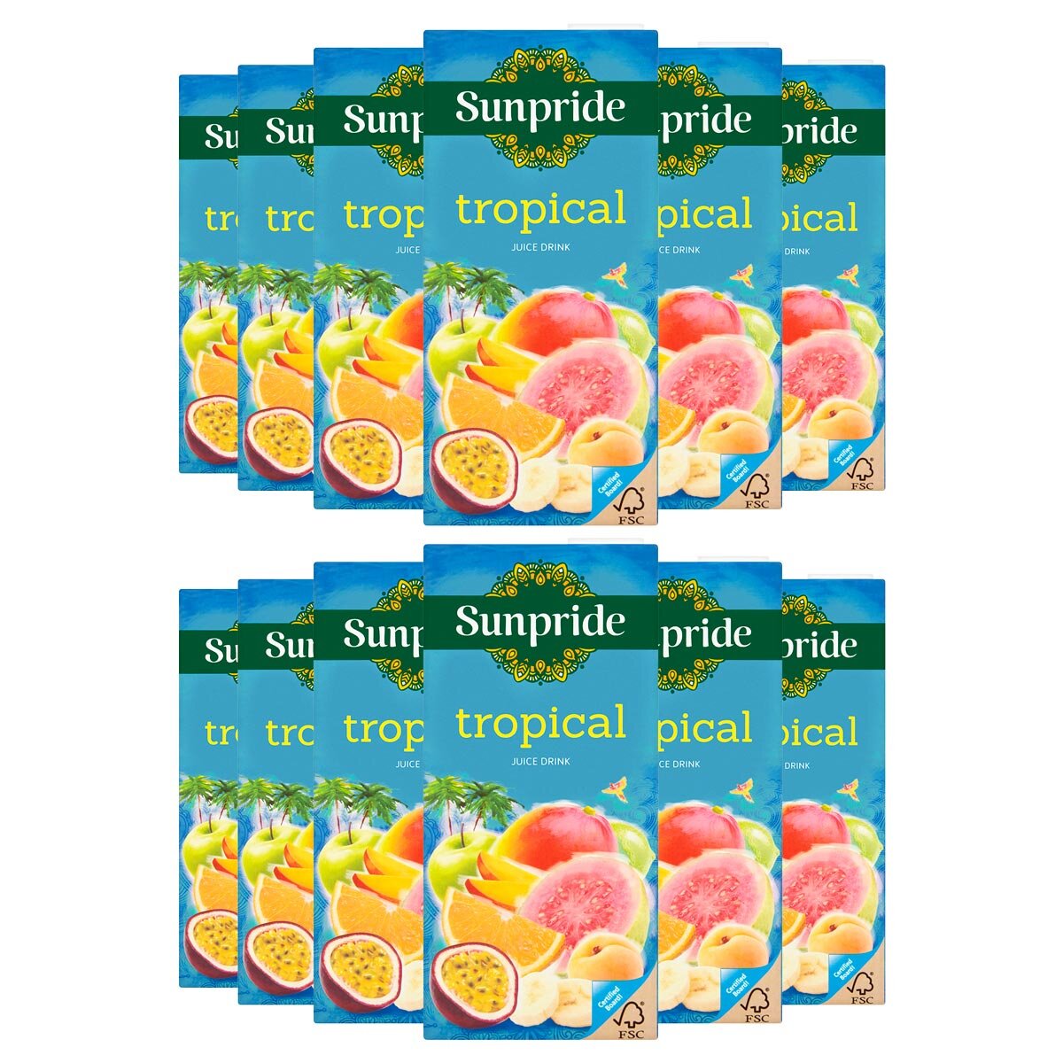 12 cartons of juice in blue cardboard
