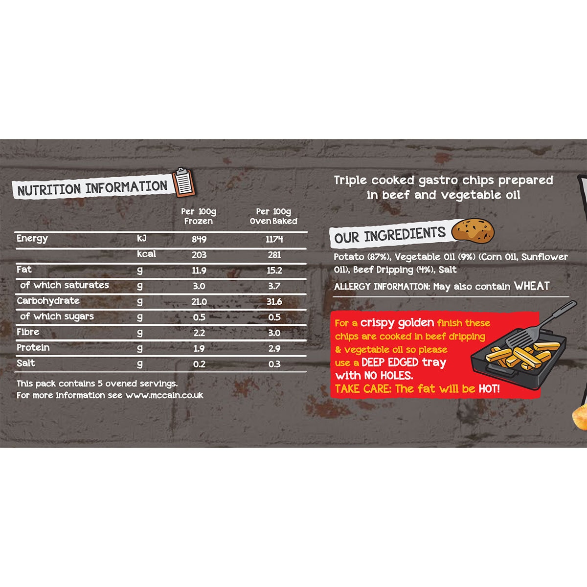 Back of pack for 1.2kg bag of McCain Triple Cooked Gastro Chips