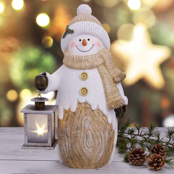 Christmas Snowman Woodchip Figures with LED Lanterns Christmas Snowman Woodchip Figures with LED Lanterns