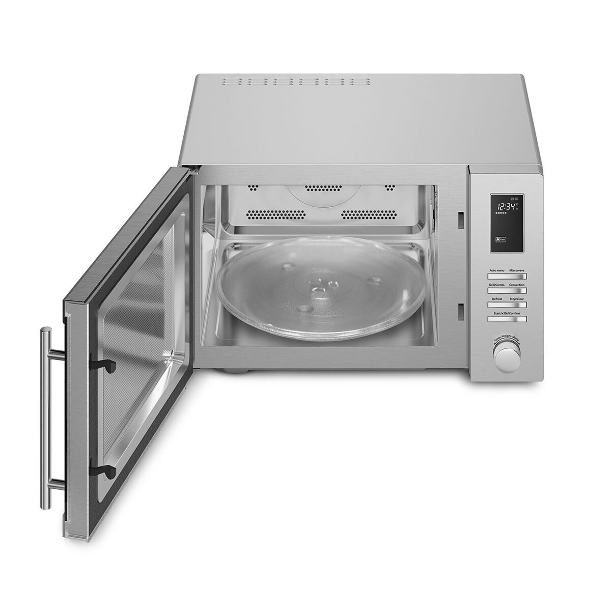 Image of Smeg microwave from 45 degree angle with door open