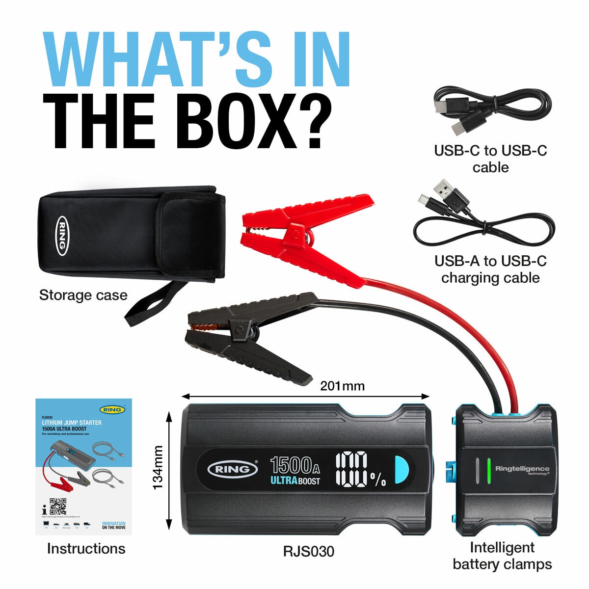Graphic of Ring Ultraboost 1500A Jumpstarter showing whats included in the box
