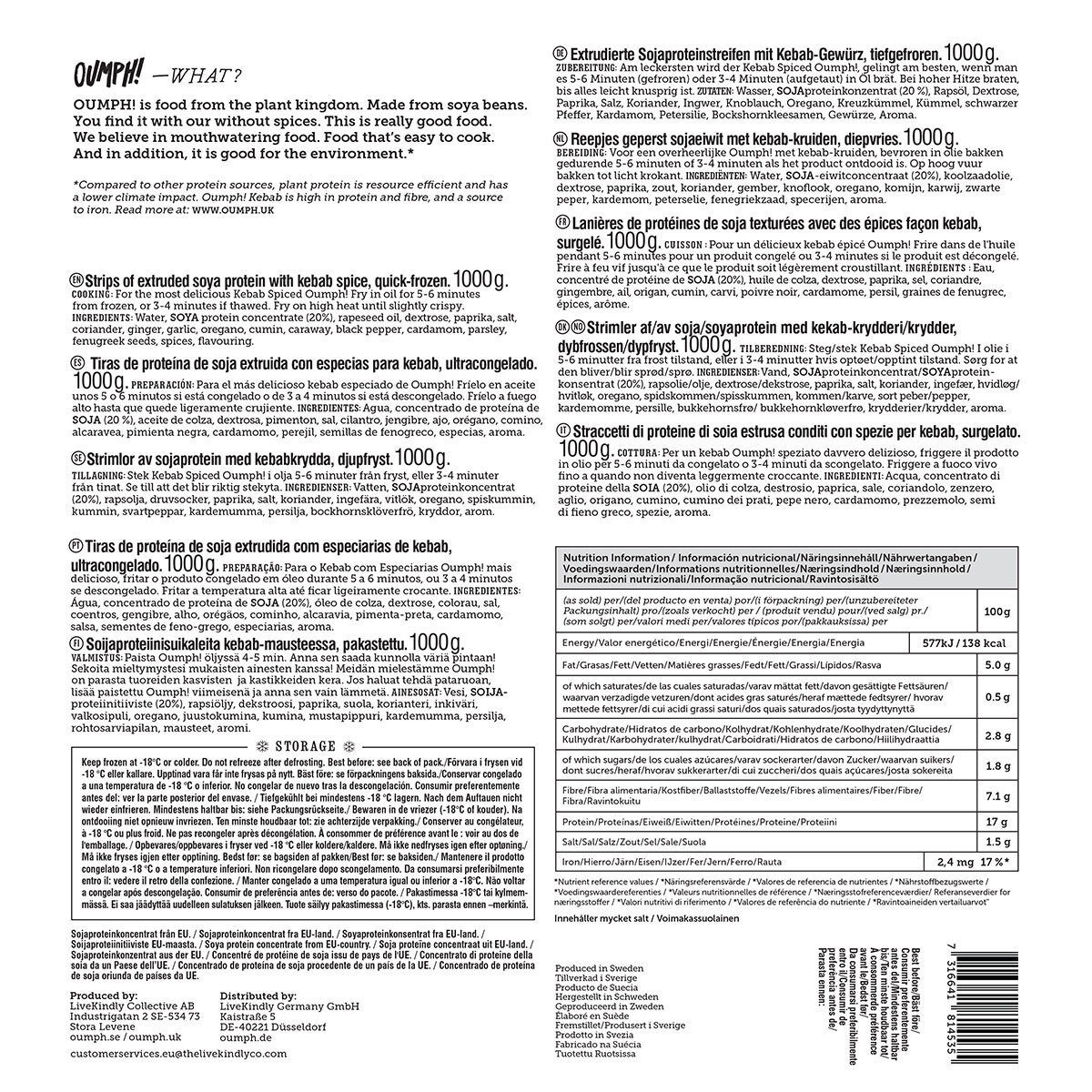 Back label of Box of Oumph Spiced Meat Free Kebabs