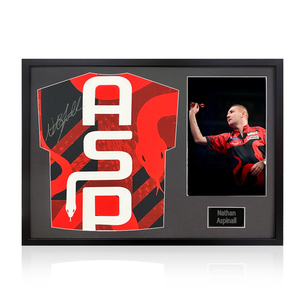 Nathan Aspinall Signed Framed Darts Shirt including 1 Photo, with Black Mount