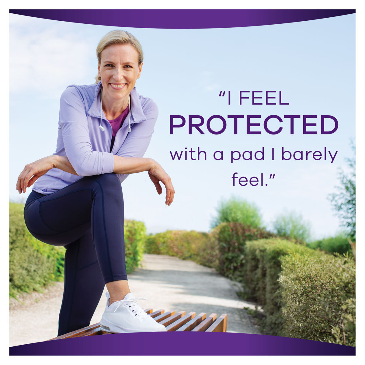 Lifestyle image quoting lady "I feel protexted with a pad I barely feel"