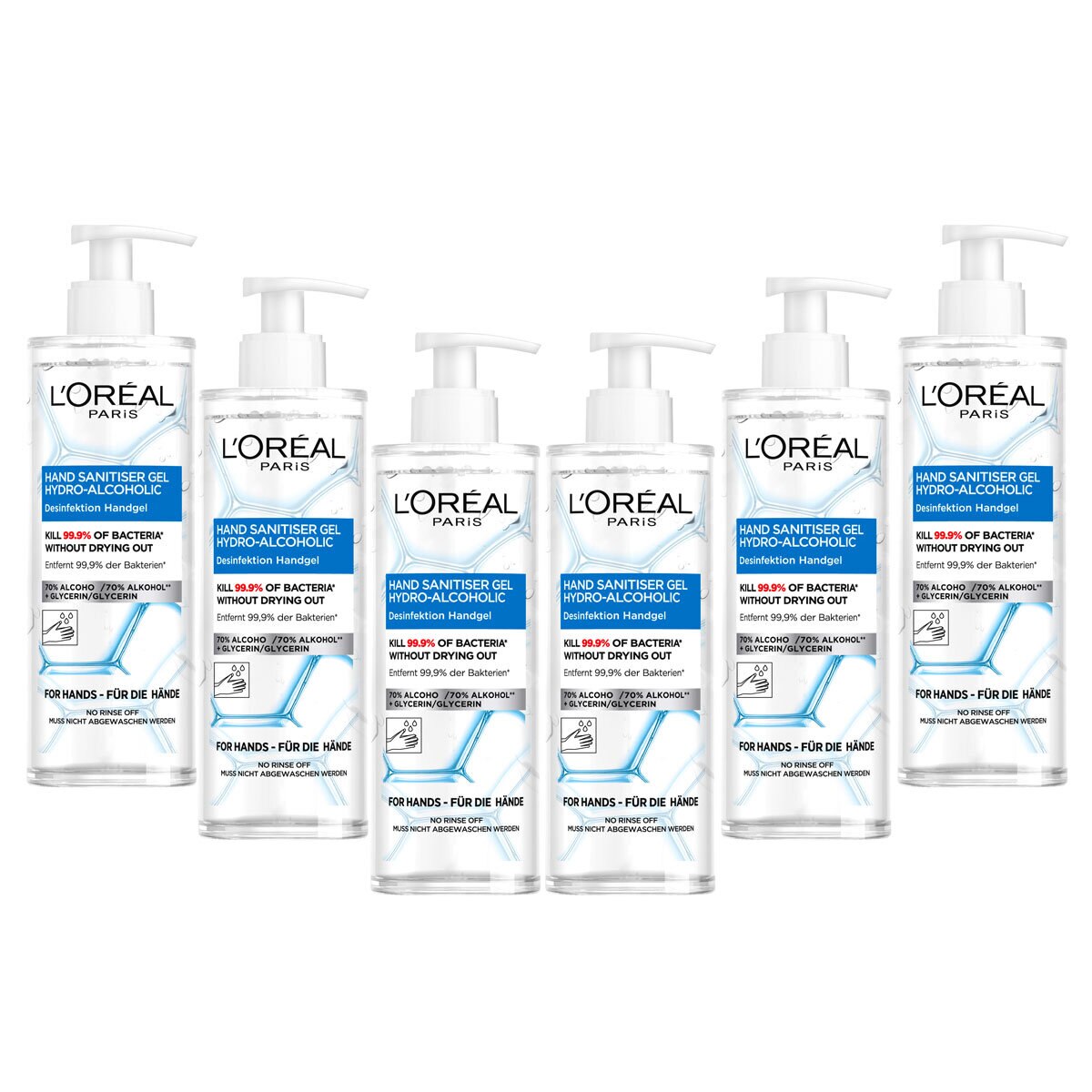 L'Oreal Skin Expert Hand Sanitiser Gel with Pump, 6 x 390ml