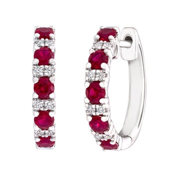 Round Cut Ruby & 0.09ctw Diamond Hoop Earrings, 14ct White Gold