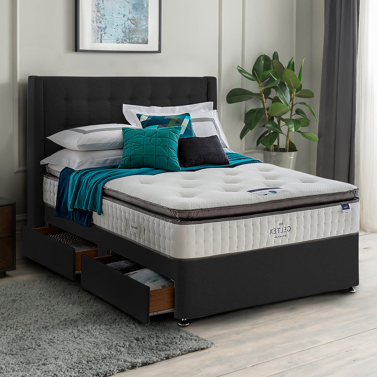 Silentnight 4 Drawer Divan Base with Bloomsbury Headboard in Ebony in 3 Sizes