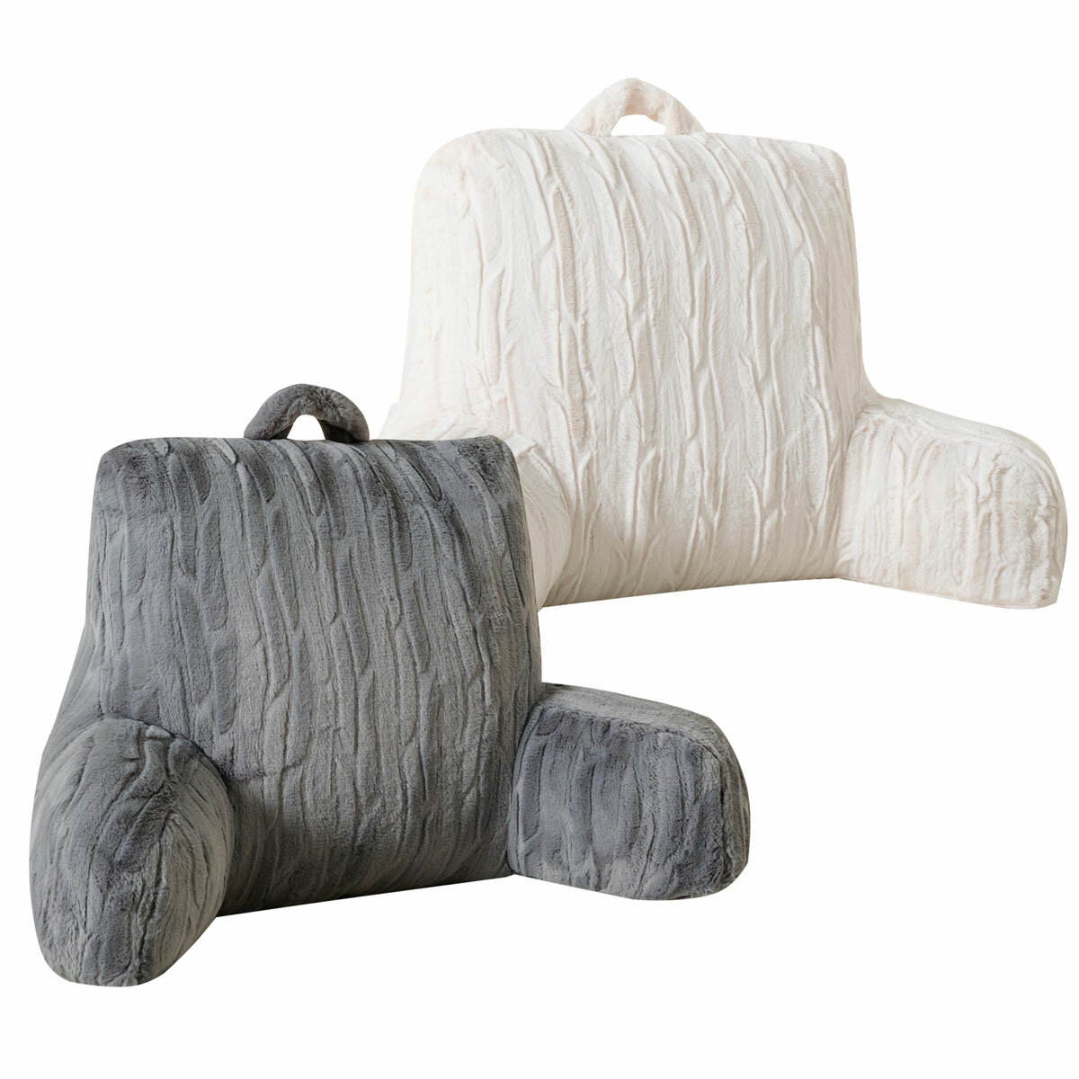 Both grey and cream embossed faux fur bed rest pillow, in plain imagery
