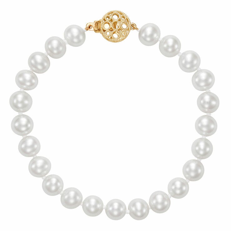 7-7.5mm Freshwater White Pearl Circle Clasp Bracelet, 14ct Yellow Gold 7-7.5mm Freshwater White Pearl Circle Clasp Bracelet, 14ct Yellow Gold