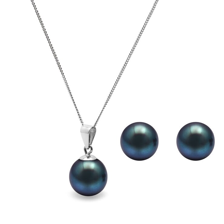 Cultured Freshwater 8.5-9mm Peacock Black Pearl Pendant and Stud Earring Set, 18ct White Gold Cultured Freshwater 8.5-9mm Peacock Black Pearl Pendant and Stud Earring Set, 18ct White Gold