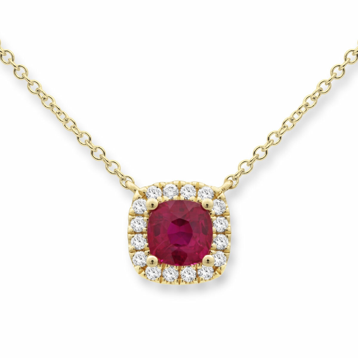 Cushion Cut Ruby & 0.13ctw Diamond Halo Necklace, 18ct Yellow Gold