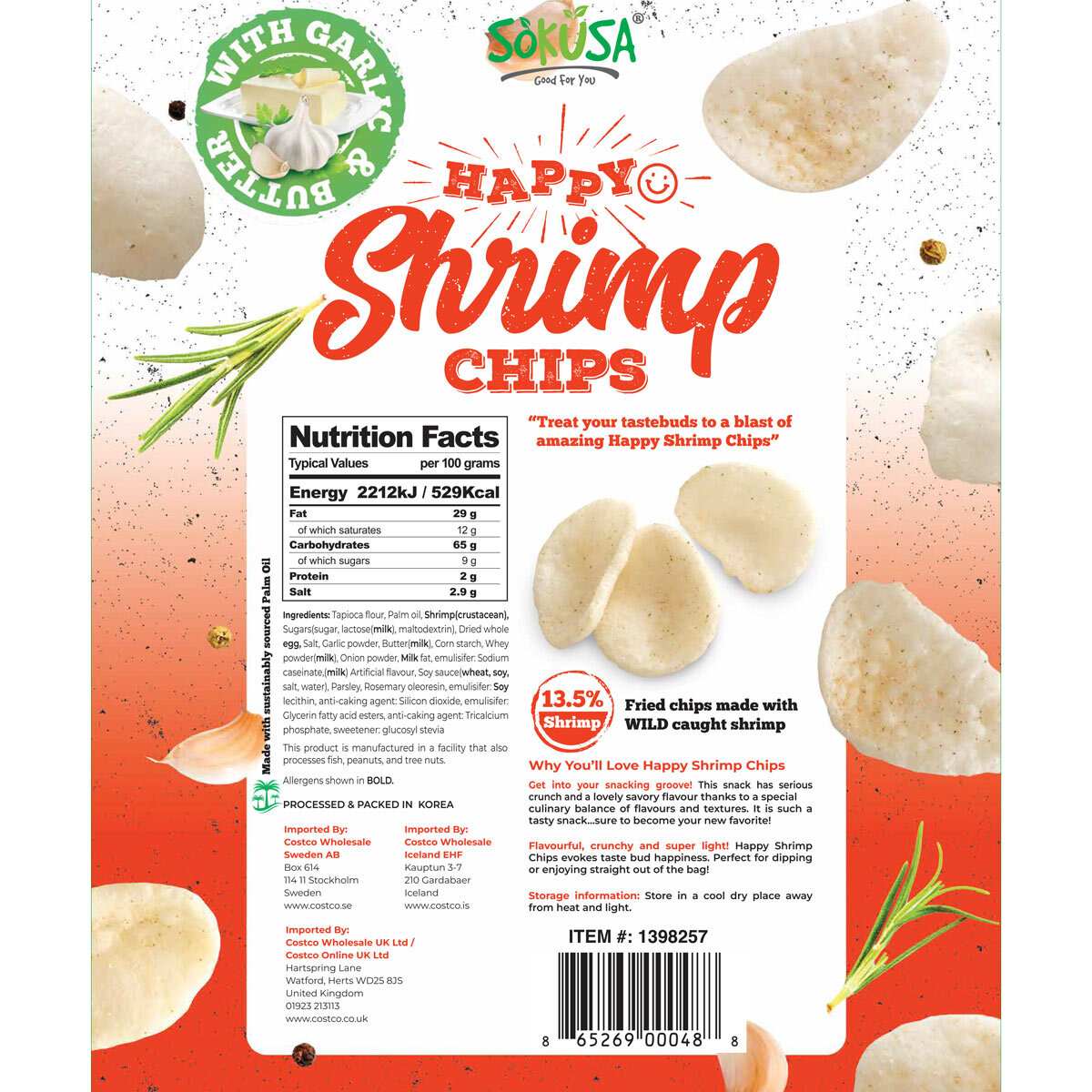 Sokusa Garlic Butter Happy Shrimp Chips, 454g