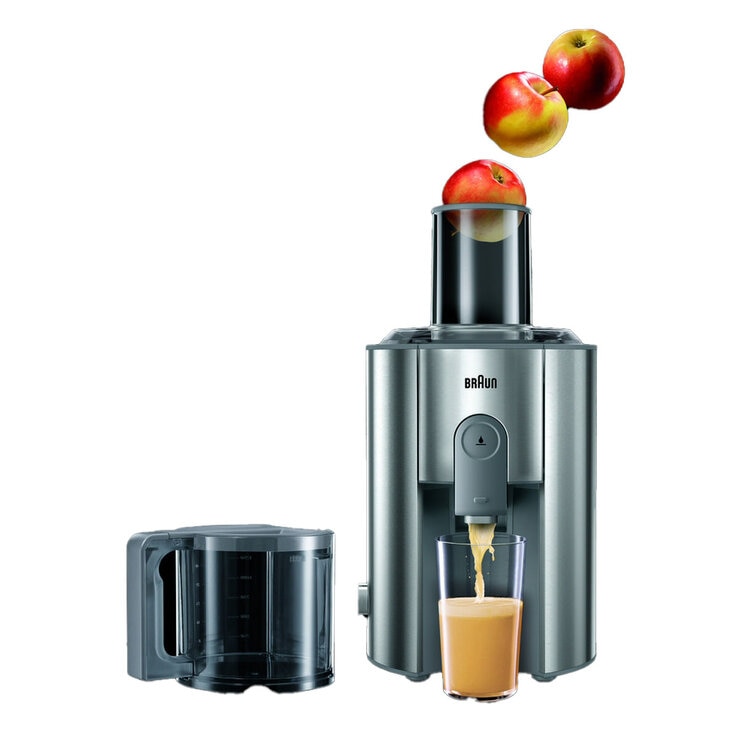 Front Profile of Braun Spin Juicer with  apples and accessories
