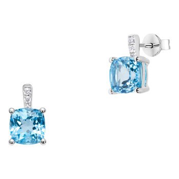 Cushion Cut Swiss Blue Topaz & 0.06ctw Earrings, 14ct White Gold