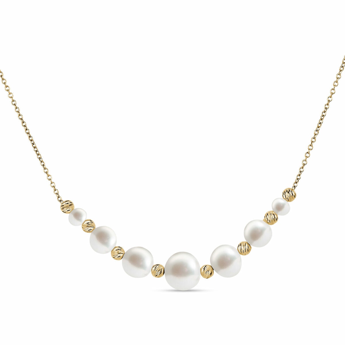 4-8.5mm Cultured Freshwater White Pearl & Gold Bead Graduated Necklace, 14ct Yellow Gold
