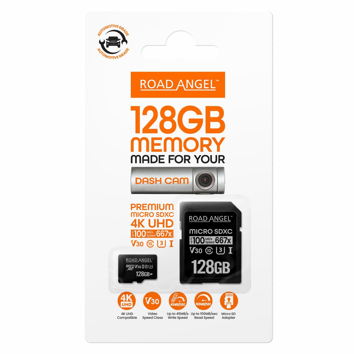 Front Facing Image of Road Angel 128GB SD Card