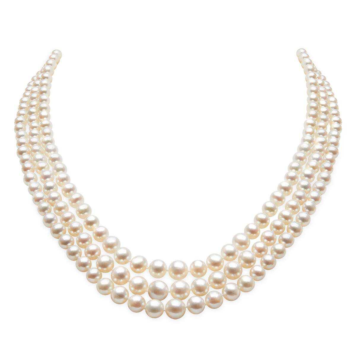 3-7mm Cultured Freshwater White 3 Strand Graduated Pearl Necklace, 18ct Yellow Gold