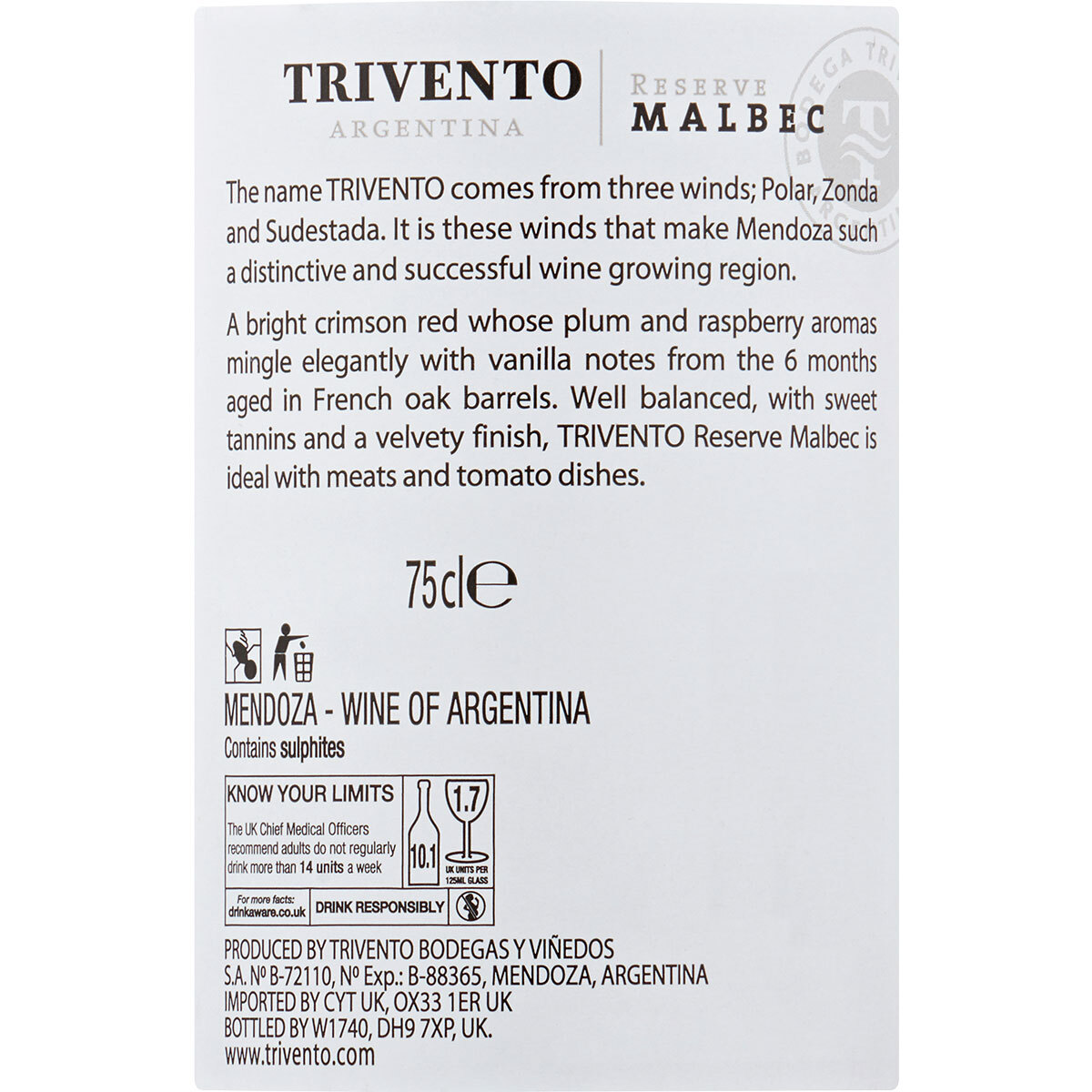 Trivento Malbec back of bottle