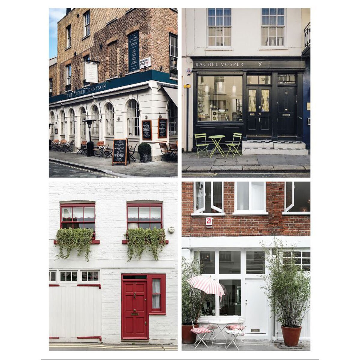 Four images of shops and house in London