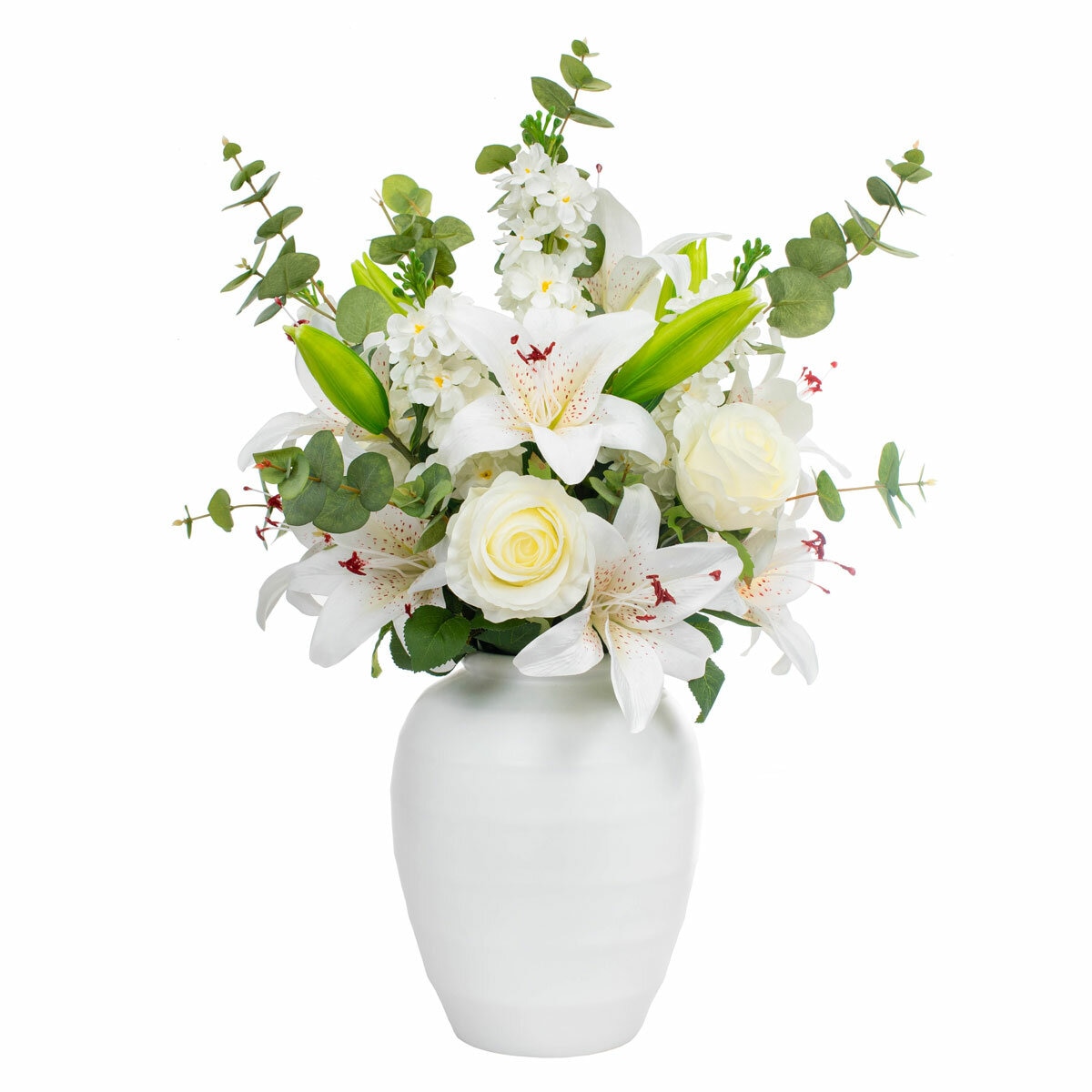 Artificial Lily and Rose Bouquet in Vase_White Background Artificial Lily and Rose Bouquet in Vase_White Background