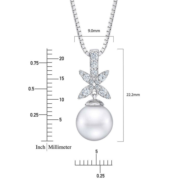 9-10mm Cultured Freshwater White Pearl & 0.22ctw Diamond Necklace, 14ct White Gold 9-10mm Cultured Freshwater White Pearl & 0.22ctw Diamond Necklace, 14ct White Gold