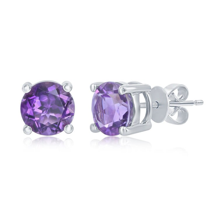 Round Cut Amethyst Stud Earrings, 14ct White Gold Round Cut Amethyst Stud Earrings, 14ct White Gold