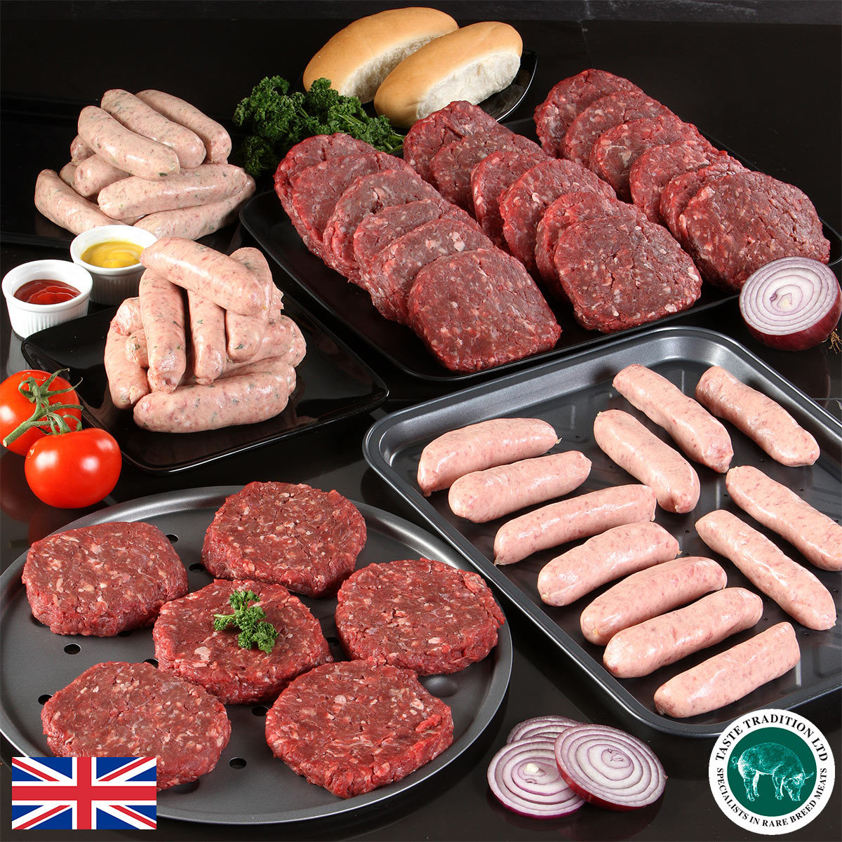 Taste Tradition Mixed Sausage & Burger BBQ Box - 24 x 170g (6oz) Burgers, 36 x 65g (2.3oz) Sausages