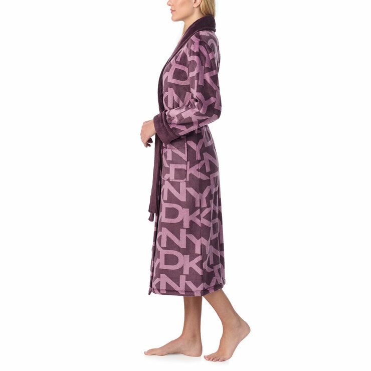 DKNY Shawl Collar Long Plush Robe in Purple