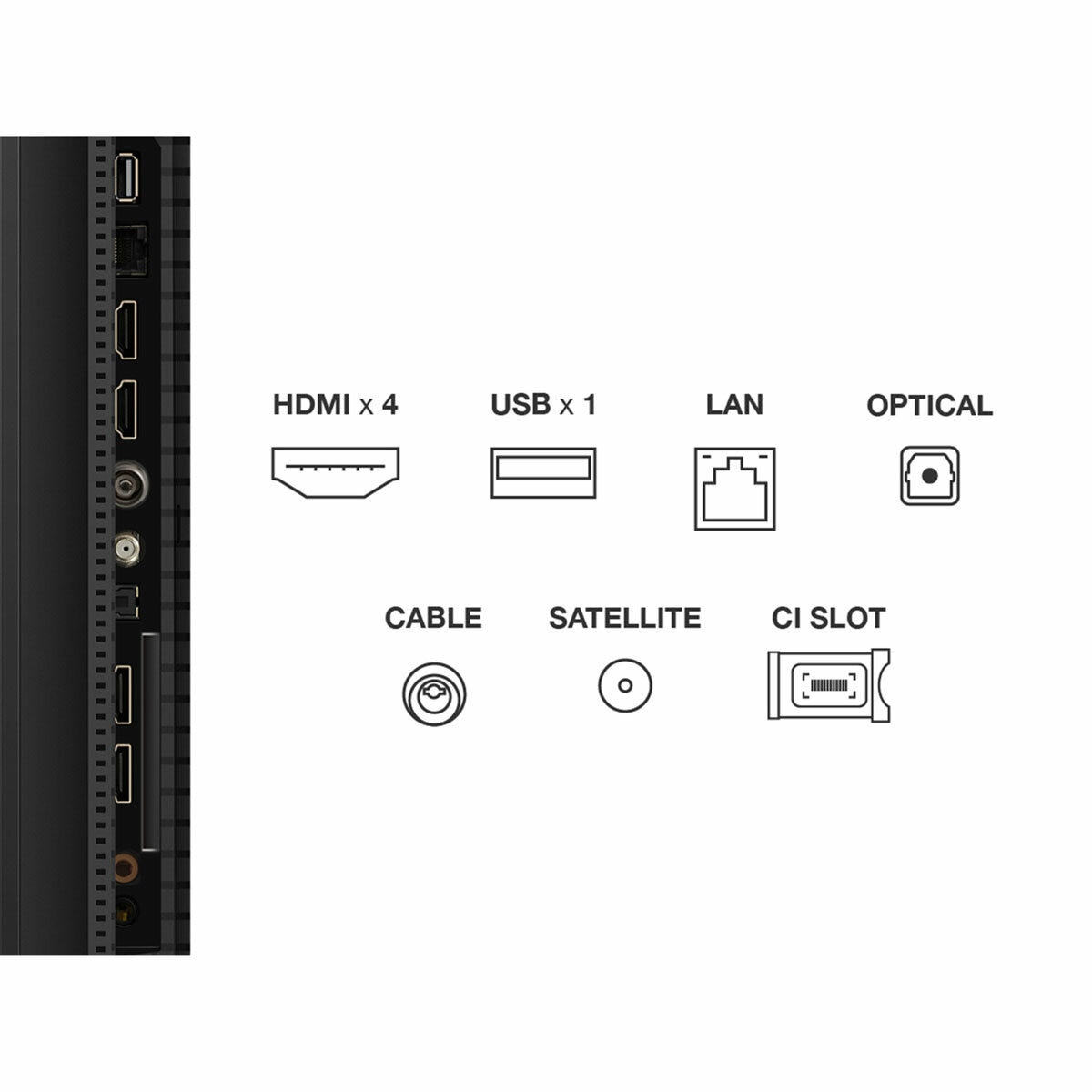Connectivity ports available are HDMI, USB, LAN, OPTICAL, CABLE, SATELLITE, CI SLOT