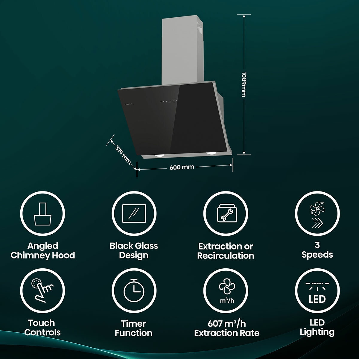 Hisense CH6IN14BXBUK 60cm Chimney Cooker Hood, A Rated in Black