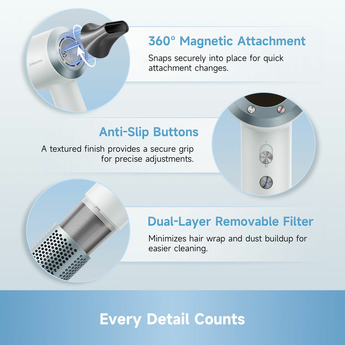 Lifstyle image showing features of the hairdryer Lifstyle image showing features of the hairdryer