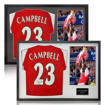 Sol Campbell Signed Framed Arsenal Football Shirt including 1 Photo in 2 Options: White or Black Mount