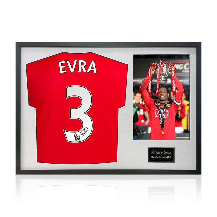 Patrice Evra Signed Framed Manchester United Football Shirt including 1 Photo, with White Mount Patrice Evra Signed Framed Manchester United Football Shirt including 1 Photo, with White Mount