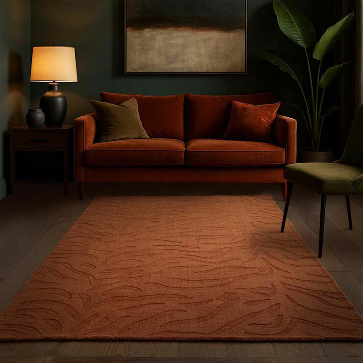 Asiaitc Tigra Rug in burnt orange colour with tiger print pattern Asiaitc Tigra Rug in burnt orange colour with tiger print pattern